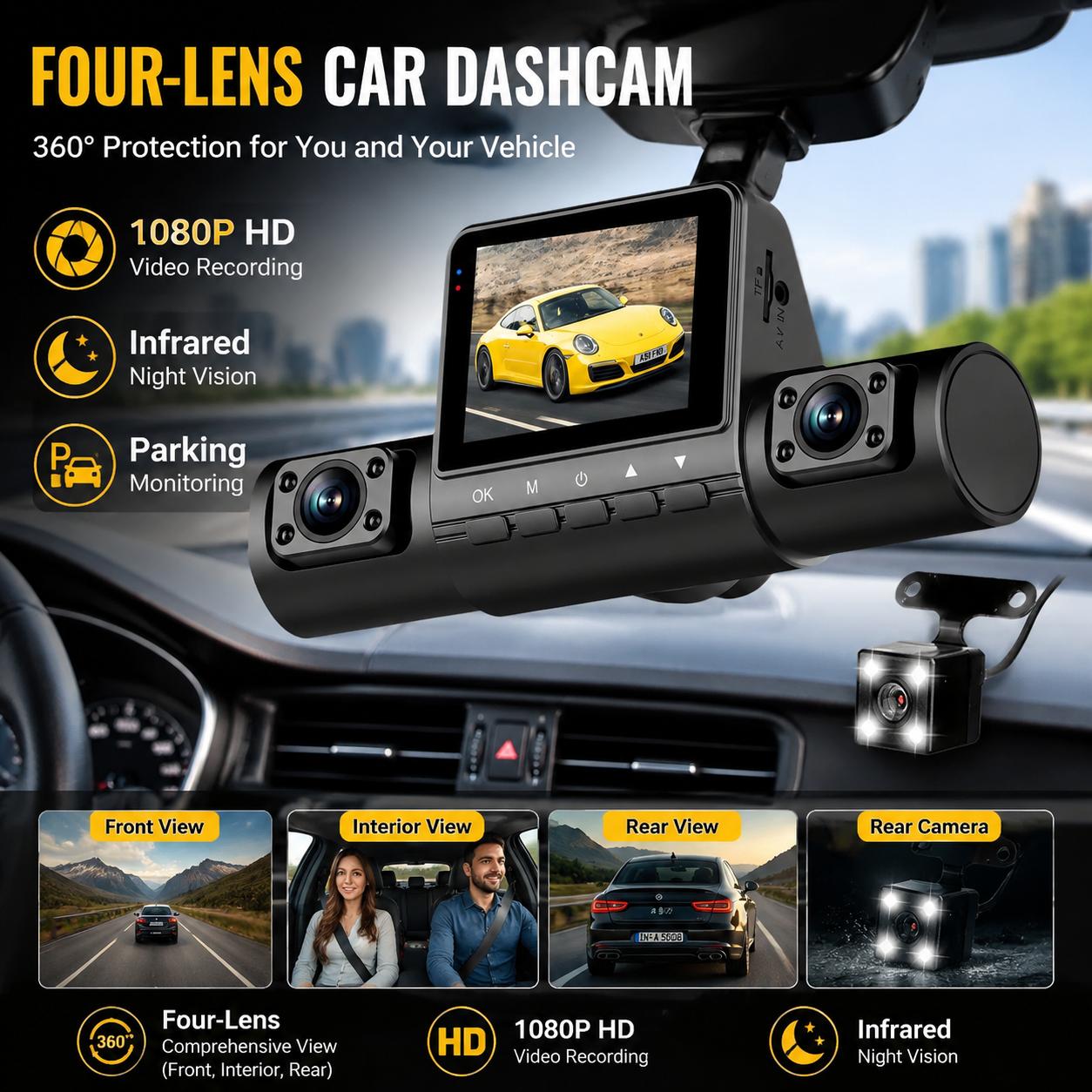 Panoramic Dash Cam 360 - 4 Lens Dash Cam 1080P Full